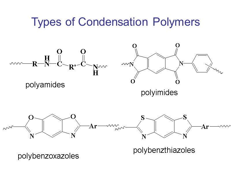 Types of Condensation Polymers polyamides polyimides polybenzoxazoles polybenzthiazoles